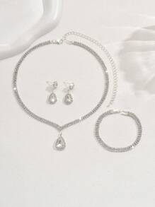 3pcs Set Necklace Earrings Bracelet Jewelry Set For Women, Rhinestone Pearl With Tassel Choker Necklace, Tassel Bracelet, Crystal Pendant Earrings, Suitable For Wedding, Bride Party