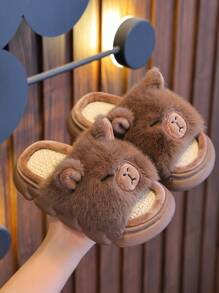 Cute Cartoon Capybara Children's Four Season Universal Linen Slippers For Indoor And Outdoor Leisure, Comfortable, Non Slip Soft Bottom Home Slippers - Coffee Brown - View 3