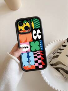 1pc Fashionable Patched Pattern Thick Anti-Slip Sand Protective Phone Case Compatible With Apple///Compatible With Redmi/Compatible With Infinix/Compatible With Vivo - Black - View 3