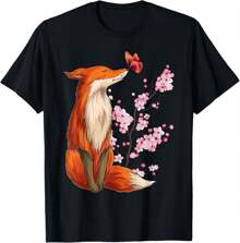 Japanese Fox Cherry Blossom Flower Sakura Trees Kawaii T-Shirt - Black - View 1