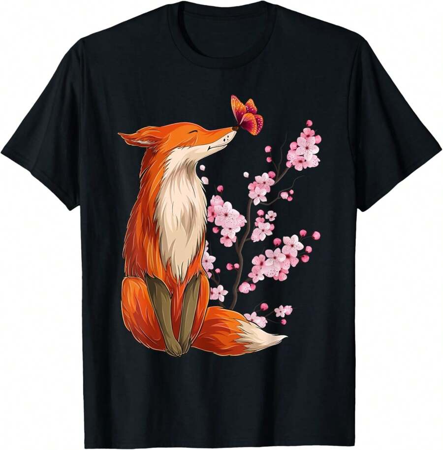 Japanese Fox Cherry Blossom Flower Sakura Trees Kawaii T-Shirt - Black - View 1