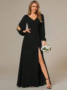Spring Split Sleeve Split Thigh Chiffon Black Bridesmaid Dress For Wedding - Black - View 7