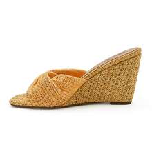 Women's Square Toe High Heel Sandals Woven Wedge Slide - Yellow - View 3