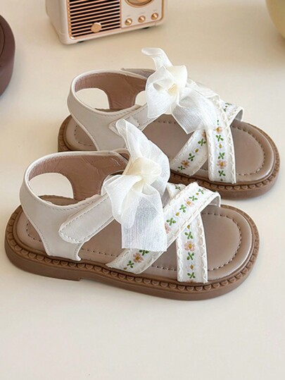 1 Pair Children Fashion Flat Sandals, Lightweight Non-Slip Casual Shoes For Indoors And Outdoors, Running, Beach, Princess Style Bow Decor