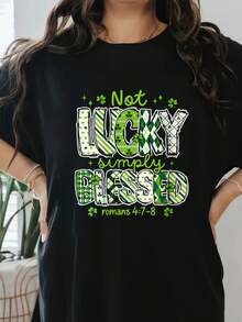 Womens Not Lucky Simply Roman Leopard Saint Patrick Day O-Neck T-Shirt Print T-Shirt, Short Sleeve Round Neck Casual Top For Summer & Spring, Women's Clothing