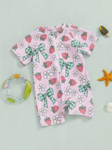 Toddler Girl Rash Guard Swimsuit Cherry/Bow Print Zipper Short Sleeve Zip Up Bathing Suit - Green - View 2