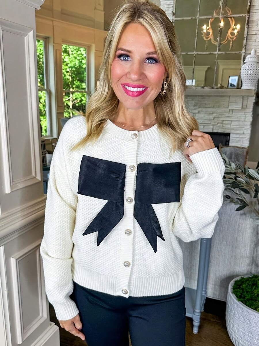 Women Black Bow Sweater Cardigan Tie Front Cropped Color Block Knit Long Sleeves  Fall Sweaters - White - View 1