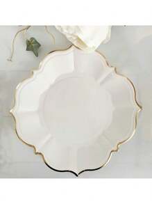 10Pcs/30Pcs-Pack White Paper Party Plates With Golden Foil Scalloped Edging For Birthday Wedding (9 Inches)
