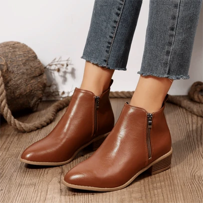 Women's Pointed Toe Zipper Ankle Boots, Retro Simple Solid Color Mid-Heel  Boots, Thick Heel Casual Street Short Boots, Brown Black, Wedding/Daily/Business Fashion