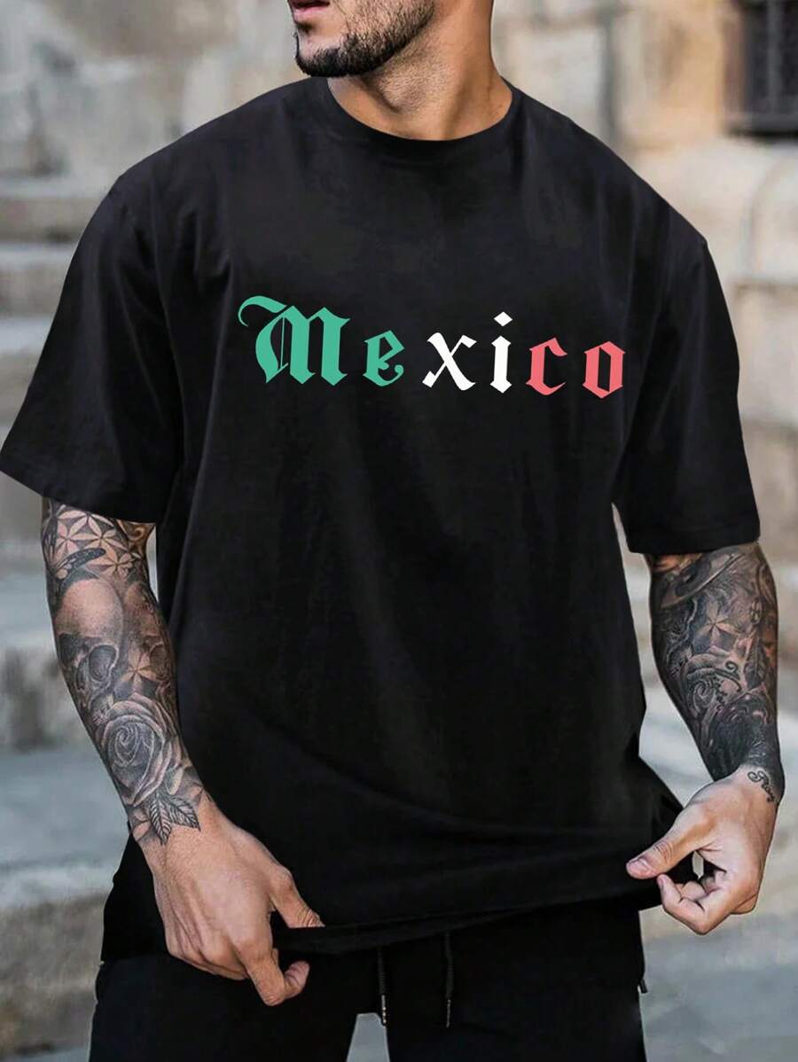 Men's Letter Print T-Shirt - 黑色 - 查看 1