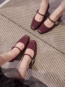 Women's Metal Buckle Decor Strap Hook And Loop Closure Square Toe Block Heel Pumps, Elegant Casual Shoes For Spring/Autumn, Holiday, Date, Fashion, Black, Burgundy, Beige - Burgundy - View 6