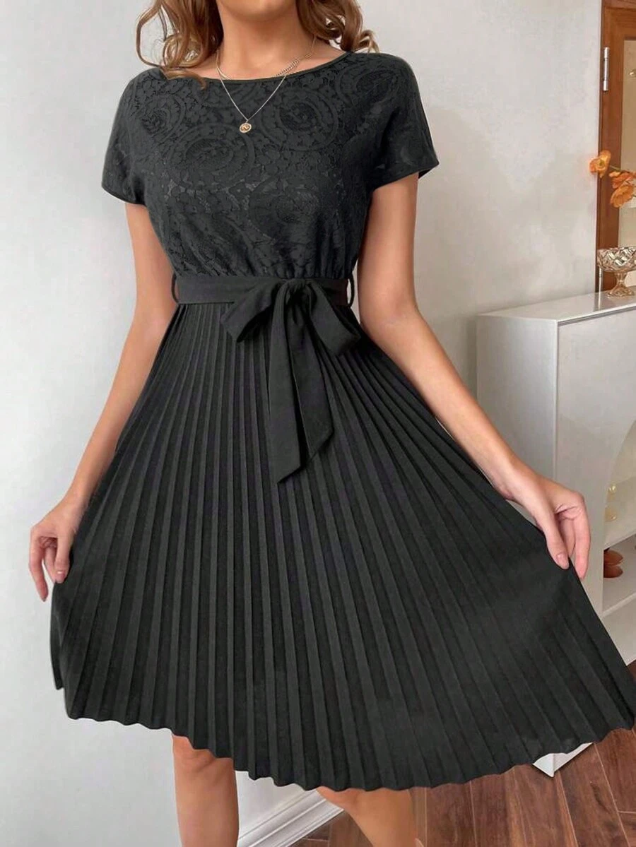 Women's Lace Splice Ruffle Hem Self-Tie Elegant Mid-Length Dress - Black - View 1