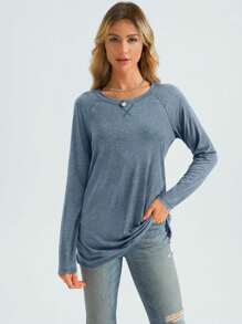 LKESRC Womens Casual Basic T-Shirts Fashion Blouse Tops Loose Crew Neck Long Sleeve - 霧藍色 - 查看 3