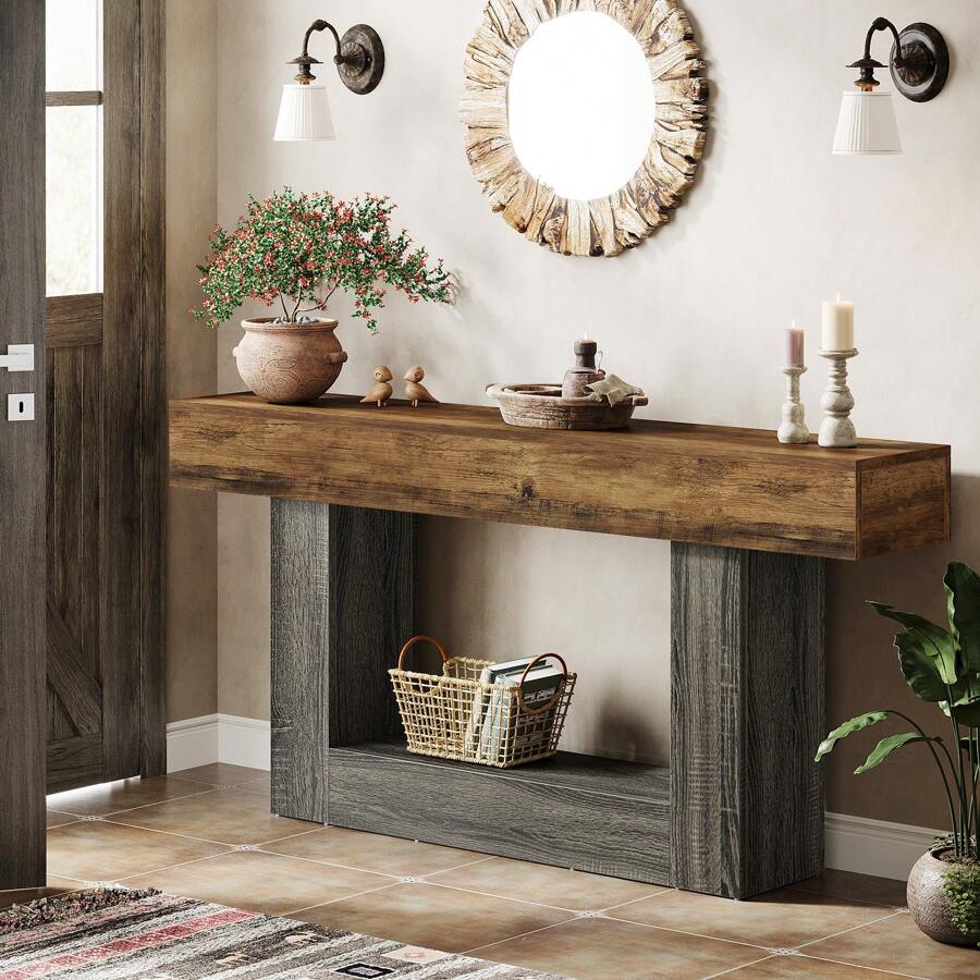 Tribesigns Mesa Consola Larga 160 cm, Mesa de Entrada de 2 Niveles, Mesa de Sofá con Almacenaje, Mesa de Madera de Granja para Detrás del Sofá para Sala de Estar, Pasillo, Rústico Marrón y Gris