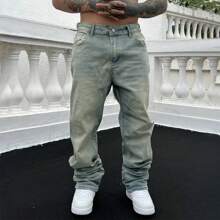 Retro Washed Denim Wide-Leg Jeans, Street Style - Blue - View 1