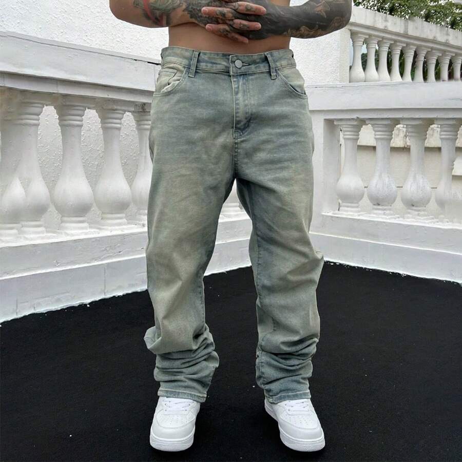 Retro Washed Denim Wide-Leg Jeans, Street Style - Blue - View 1