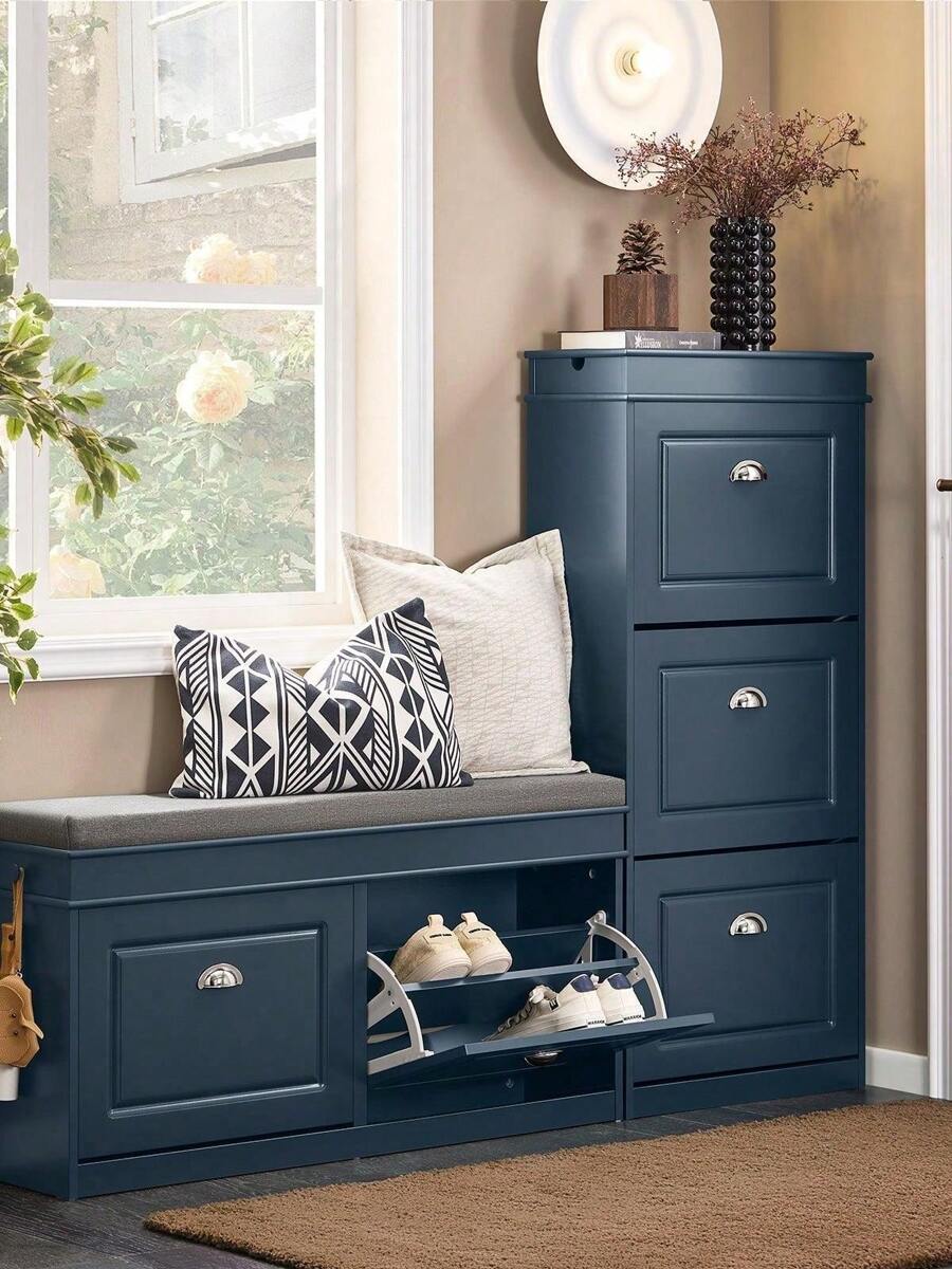 SoBuy 门厅鞋凳鞋架鞋柜带座垫和 2 个翻盖抽屉蓝色宽 104 x 深 24 x 高 52 厘米 FSR64-B - 藍色 - 查看 1