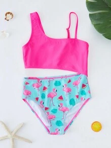 Tween Girl Fuchsia Patchwork Flamingo Print Cutout One-Piece Swimsuit - Hot Pink - View 1
