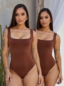 KIT 3 SUPLEX SQUARE NECKLINE BODYSUIT WITH TANK TOP LINING - 黑棕色和白色 - 查看 4