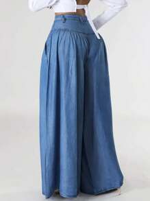 Women's Hight Waist Denim Wide Leg Pants - European & American Street Fashion Loose Button Trousers For Summer Clothes - 中等水洗藍 - 查看 3