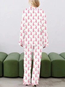 Women's 2 Piece Lounge Set Long Sleeve Lapel Bunny Print Shirt Pants Sleepwear Sets - Pink - View 2