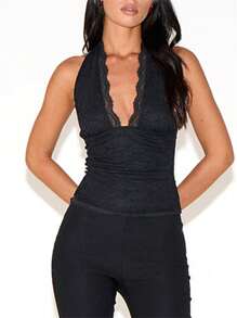 Women's Lace Tank Tops Sleeveless Halter Neck Solid Color Slim Fit Shirts Summer Tops - Black - View 2