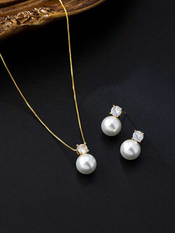 Set de 3 piezas con aretes de perla de vidrio y zirconia cúbica, y collar minimalista para uso diario, adecuado para mujeres en fiestas de compromiso, bodas, uso diario y regalo para el Día de la Madre