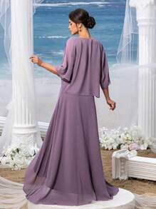 Faeriesty Mosy 水钻细节 V 领无袖雪纺派对连衣裙和半袖雪纺开衫两件套