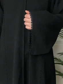 Lace Trim Crew Neck Kaftan Dress, Elegant Long Sleeve MinimalistLoose Fit Maxi Dress, Women's Clothing - Black - View 3