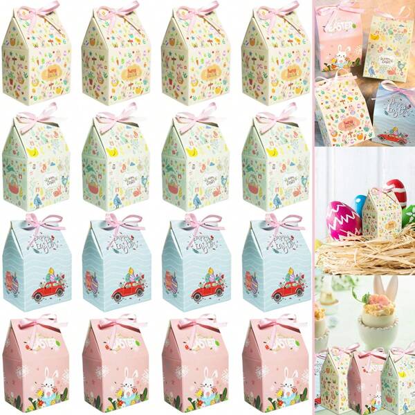 12 Pcs Easter Gift Boxes With Ribbon Mini Bunny Carrot Pattern Paper Treat Box Happy Easter Cartoon DIY Gift Wrapping Box For Spring Egg Hunt Party Supplies