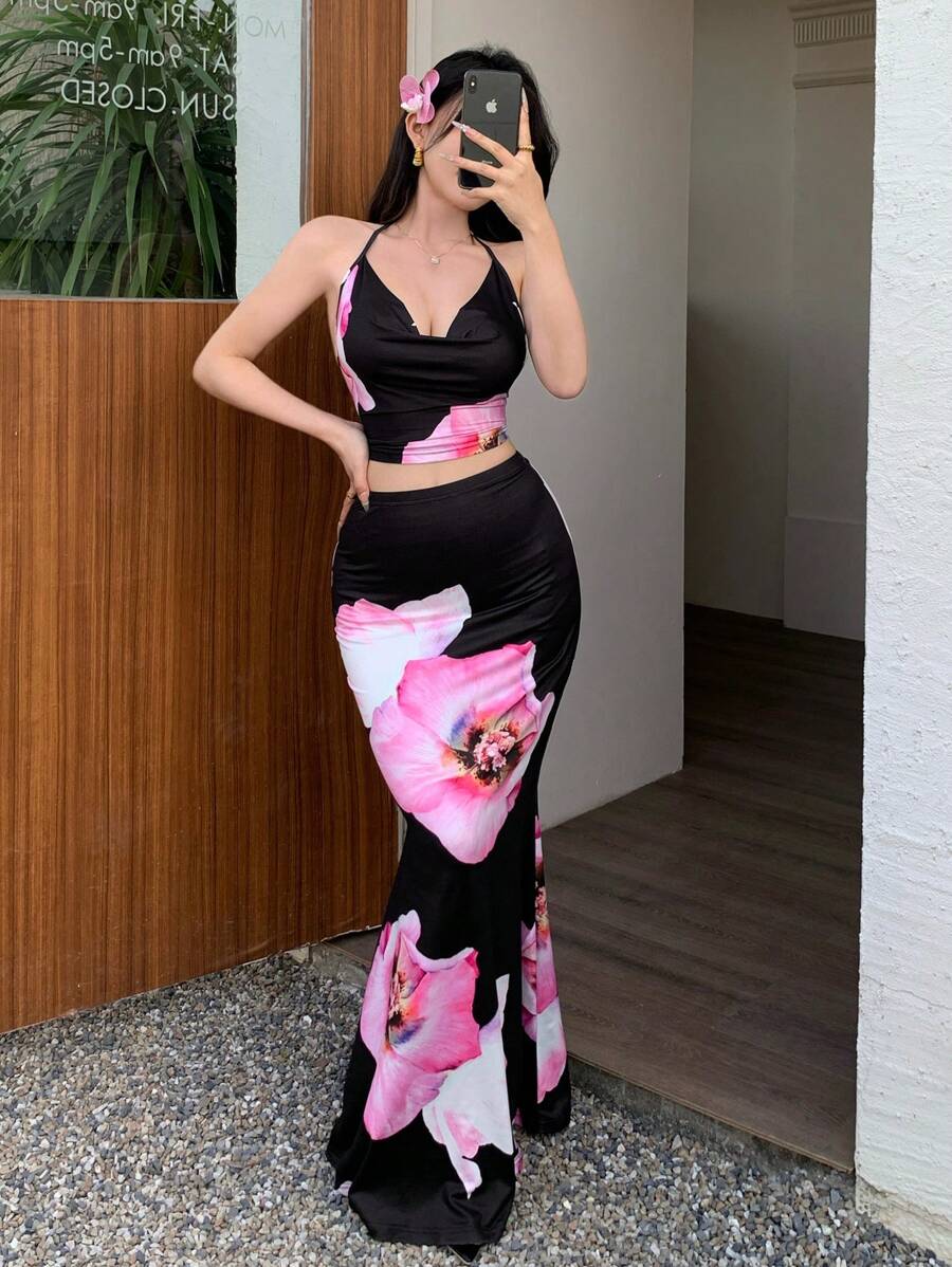 abyoxi 女款黑色花卉細肩帶性感露背繫帶上衣 + 修身美人魚長裙 休閒優雅兩件套 度假海灘穿搭 青少年春夏季女裝 (隨機印花) - 黑色 - 查看 1
