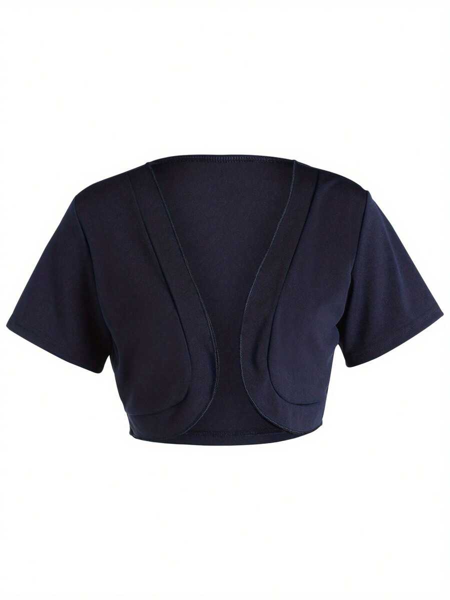 Women Solid Color Short Sleeve Open Front Knit Bolero Shrug - Blue - View 1