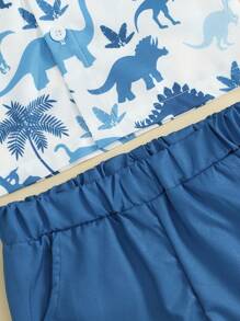 Boys Summer Set, Lapel Neck Short Sleeve Button Down Tops + Elastic Waist Shorts Toddler 2 Piece Dinosaur Outfits - Deep Sky Blue - View 5