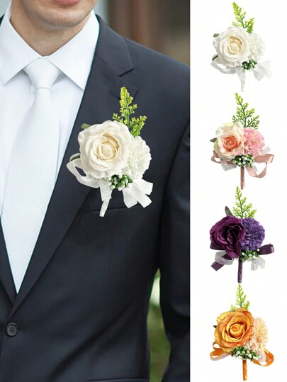 1PC Rose Boutonnieres For Men Wedding Flowers With Pins, Groom And Groomsmen Boutonniere For Wedding Ceremony Anniversary, Formal Dinner Party And Prom Decorations Wrist Flower