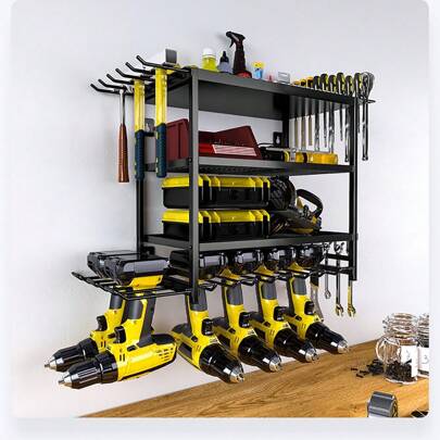 Organizer per utensili elettrici montato a parete, organizer per attrezzi da garage per carichi pesanti e rack di stoccaggio, organizer per attrezzi in metallo a 2/4 strati per officina di garage