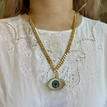 manbara 波西米亞手工幸運玻璃藍眼睛EVIL EYE陶瓷心臟哈姆薩手圓吊墜土耳其邪惡之眼項鍊，適合珠寶配戴 - 手掌 - 查看 7