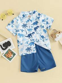 Boys Summer Set, Lapel Neck Short Sleeve Button Down Tops + Elastic Waist Shorts Toddler 2 Piece Dinosaur Outfits - Deep Sky Blue - View 7