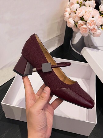 Women's Metal Buckle Decor Strap Hook And Loop Closure Square Toe Block Heel Pumps, Elegant Casual Shoes For Spring/Autumn, Holiday, Date, Fashion, Black, Burgundy, Beige