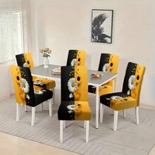 2/4/6pcs Black And Yellow Stretchable Chair Covers, Classic Daisy Print Pattern Polyester Removable Washable High Elastic Chair Cover, For Home, Office, Restaurant, Banquet Decoration - Multifunctional Furniture Protector - Multicolor - View 2