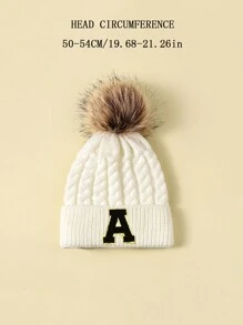 1pc Kids Letter Fuzzy Ball Beanie Hat, Winter - White - View 3