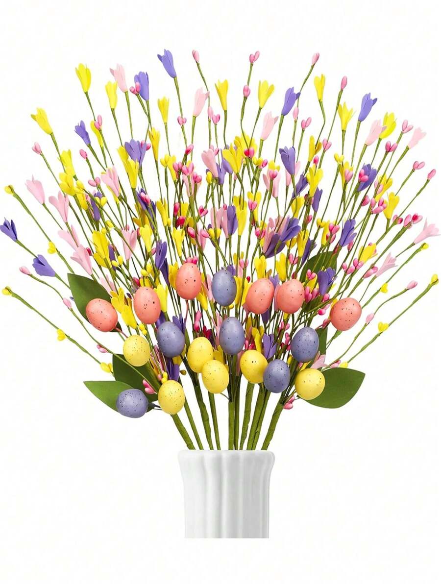 4件套复活节装饰套装，包括彩色彩蛋、浆果枝、人造春季花枝，适合用作花瓶中心装饰、复活节彩蛋、浆果、胡萝卜花束，还配有人造复活节彩蛋和浆果花环、春季花枝，可用于插花、制作花环。复活节主题中心装饰品，适合复活节庆祝活动和家居花瓶装饰。