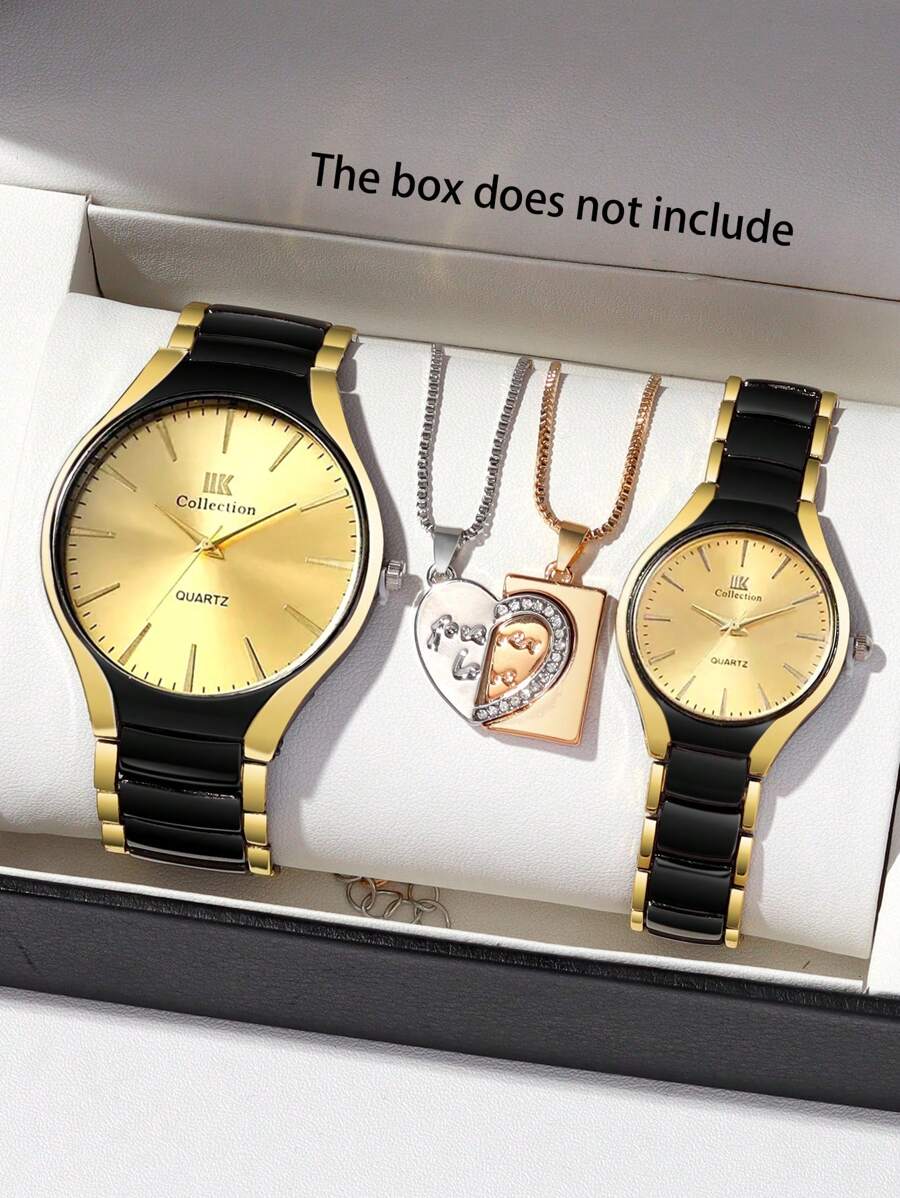 4件套时尚百搭休闲圆形情侣手表，简约钢带石英表搭配心形吊坠项链，情侣对表礼盒套装，适合婚礼、派对、节日、返校季、圣诞节及日常佩戴 - 金色 - 查看 1