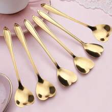Kit Jogo 6 Colheres Café Chá Coração Sobremesa Inox Dourada