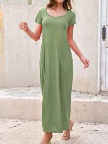 夏季女士休闲海滩度假长裙，带侧条纹斜口袋