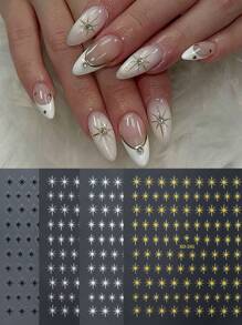 3D Star Nails Art Stickers Starlight Stylish Y2K Styles Self Adhesive Decals Nail Sliders Black White Golden Silvery Stickers For Women Girls Luxury Manicure Decoration