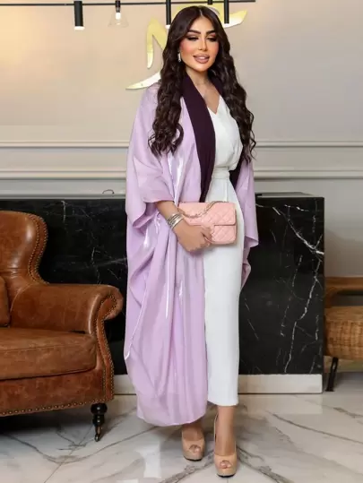 1pc Solid Color Minimalist One Size Silk-Like Satin Elegant Middle Eastern Robe, Cardigan Robe Suitable For Daily And Festival Wear