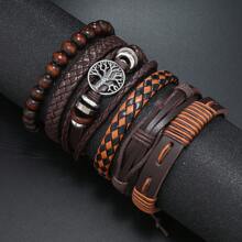 6pcs Vintage PU Leather Tree Of Life Braided Beaded Bracelet Set, Unisex, Suitable For Father's Day, Boyfriend Gift, Daily Wear