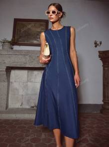 Sollinarry Women's New Simple Denim Look Sleeveless Waisted Dress, Old Money Vibe, Office/Teacher Wear, Suitable For 4th Of July
