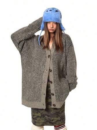 女士休闲针织开衫，宽松V领长袖条纹毛衣上衣