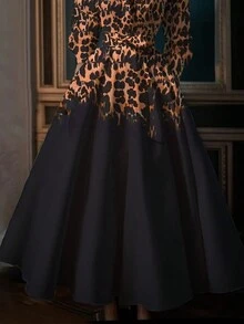 Vintage Leopard Print Stand Collar A-Line Dress - Coral Orange - View 3
